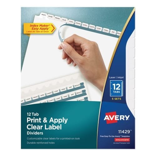 Avery Print and Apply Index Maker Clear Label Dividers, 12-Tab, White Tabs, 11 x 8.5, 5 Sets (AVE11429) - Garafour